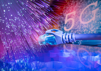 network cables with 5G signs with fiber optics background,Communication Concept