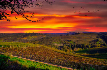 sunset with a fiery sky over the Langhe around Alba