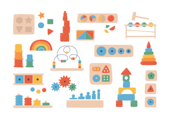 Education logic toys for Montessori games. Children wooden toys for preschool kids. Montessori system for early childhood development. Multicolored sorters. Set of vector objects on white background