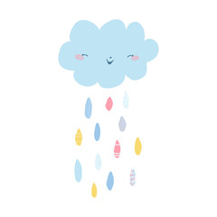 Cute, funny cloud smiles and colorful raindrops on a white background in pastel color. Illustration for for poster, postcard, banner design. Vector