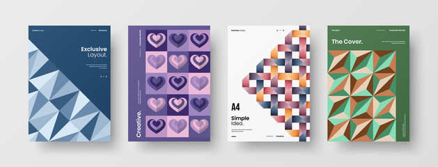 Obraz premium Business presentation vector A4 vertical orientation front page mock up set. Corporate report cover abstract geometric illustration design layout bundle. Company identity brochure template collection.
