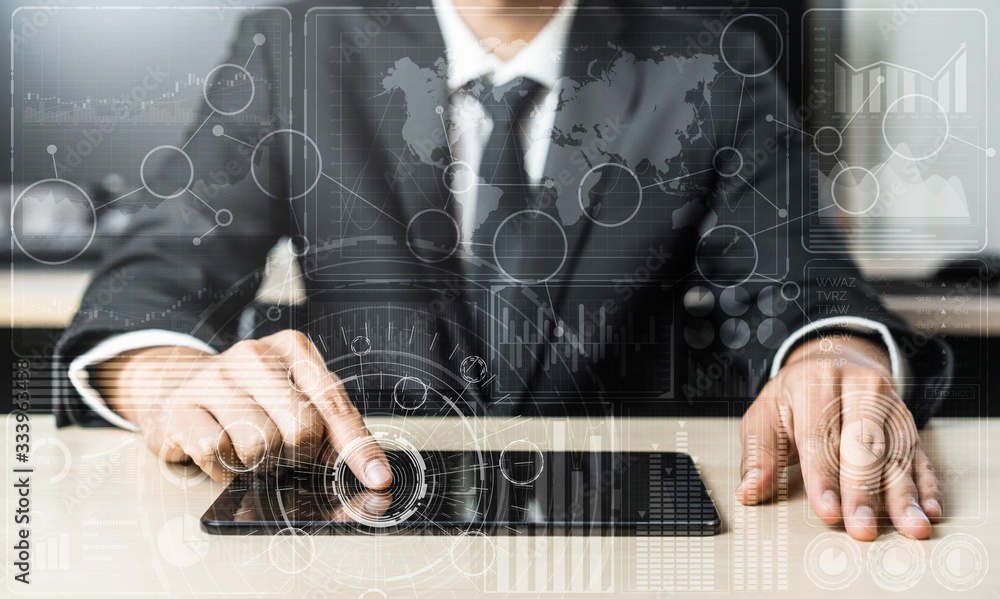 Poster data analysis for business and finance concept. graphic interface showing future computer technology