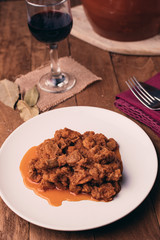 Typical food from Mediterranean cuisine. Meat in sauce with mushrooms.