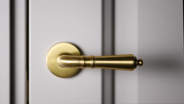 Brushed gold modern design in vintage style door handle on a white door.