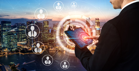 People network and global communication concept. Business people with modern graphic interface of...