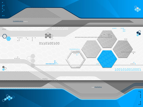 Blue and white abstract futuristic background with hexagons, patterns, arrows, flowing lines and binary code. Can be used to represent geometry, modern technology, computers, coding, sci-fi, networks,