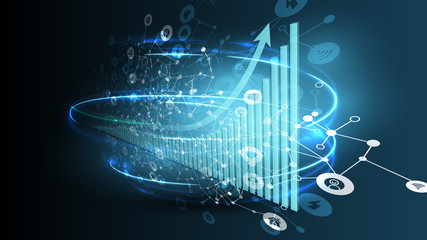 Increasing coronavirus chart with abstract blue background with icons and network, vector illustration