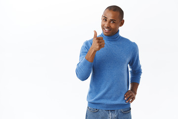 Nice job, very good. Portrait of pleased african-american man praising employee making great...
