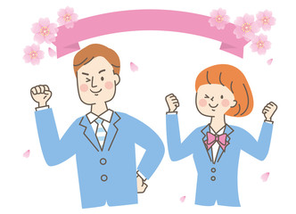 仲良し　ガッツポーズ　若い男女　スーツ