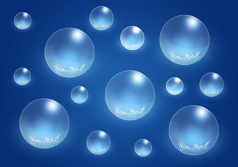 Isolated Water Drops on the Blue Background. Shiny Macro Bubbles. Clean, Bright Wallpaper.