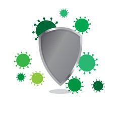 immune system protection from infectious diseases concept with shield icon, virus and bacteria cells on white background. Microbiology, immunology. Vector illustration.