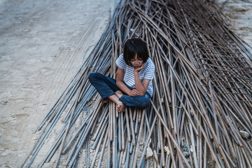 Children are forced to work in the construction area. Human rights concepts, stopping child abuse,...