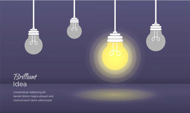 Brilliant idea light bulb concept with dark background illustration. Vector template for website, banner, flyer, poster and printing