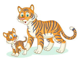 Adult tiger with a cub. In cartoon style. Isolated on white background. Vector illustration.