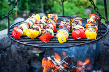 Hot skewers with meat and vegetables on grill