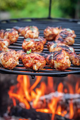 Spicy grilled chicken leg on grill in sunny day