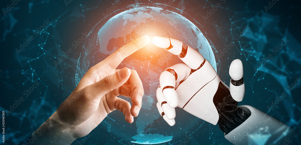 Poster 3d rendering futuristic robot technology development, artificial intelligence ai, and machine learni