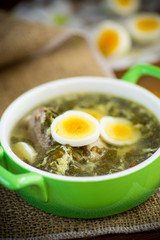 fresh spring organic soup with green sorrel and egg in a plate