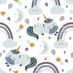 Tapeten nahtloses Muster mit schlafendem Einhorn und Regenbogen auf weißem Hintergrund - Vektorillustration, eps © Hanna