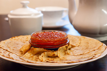 Breakfast, morning tea and pancakes with caviar