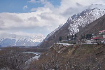 winter Caucasus mountains Georgia Stepantsminda