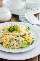 Salad with fresh cucumbers, chicken and fried egg pancakes on a white plate, selective focus