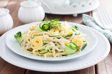 Salad with fresh cucumbers, chicken and fried egg pancakes on a white plate, selective focus