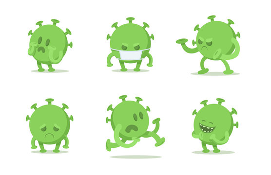 Set of funny coronavirus cartoon characters in different poses. Green viral microorganism. Quarantine situation, Covid-19 virus world pandemic. Flat vector illustration, isolated on white background.