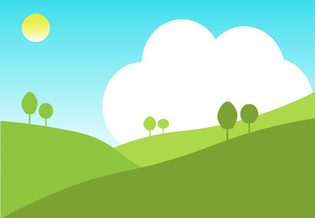 Green hills landscape.  Environment with hill clouds,sun and blue sky . Roalling meadow background.