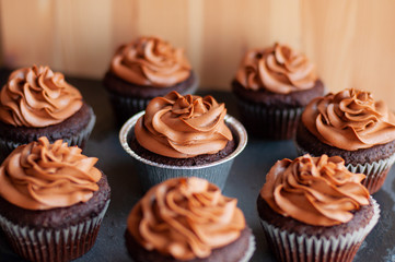 Chocolate cupcakes with chocolate cream on top