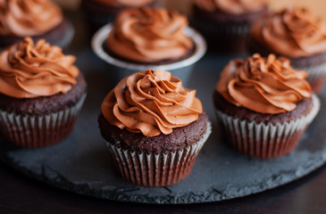 Chocolate cupcakes with chocolate cream on top