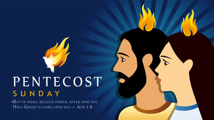 Pentecost Sunday banner with apostles and Holy Spirit in flame. Template invitation for Pentecost day with dove in tongues fire and text Acts 1:8. Vector illustration