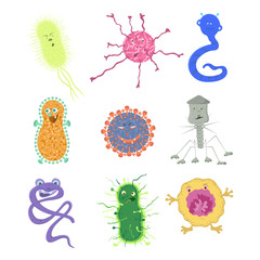 Set of bacteria and viruses, isolated on white background. Vector hand drawn illustration in cartoon style.