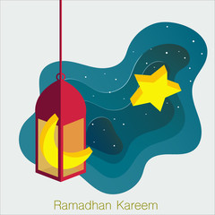 lantern, moon and purple gradient background with papercut style vector illustration. Ramadan Kareem