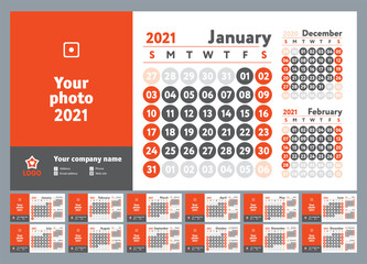 2021 calendar. New year planner design. English calender. Red color vector template. Week starts on Sunday. Business planning.