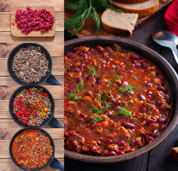 Collage step by step cooking chili con carne, selective focus