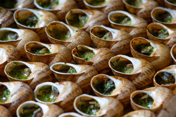 Escargots de Bourgogne - Snails with garlic butter, close up.