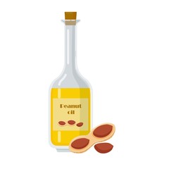 Bottle with peanut oil and nuts on white background. Organic healthy product in glass flask. Liquid for cosmetic procedure vector illustration.