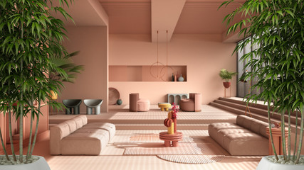 Zen interior with potted bamboo plant, natural interior design concept, colored contemporary living room, pastel rosy colors, sofa, armchair, carpet, tables, interior design idea