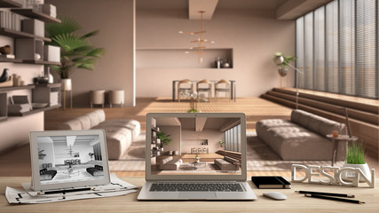 Architect designer desktop concept, laptop and tablet on wooden desk with screen showing interior design project and CAD sketch, blurred draft background, minimal living room
