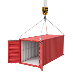 3d rendering of crane lifting open empty red shipping container isolated on white background
