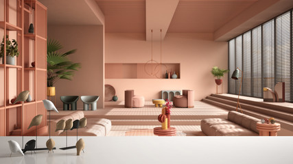 White table top or shelf with minimalistic bird ornament, birdie knick - knack over blurred colored contemporary living room, pastel rosy colors, sofa, modern interior design