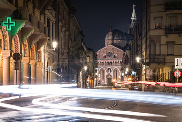 Light trails, fast internet connection concept. Basilica of Saint Anthony of Padua view from Piazza della Valle in Padova (Padua), Veneto, Italy.