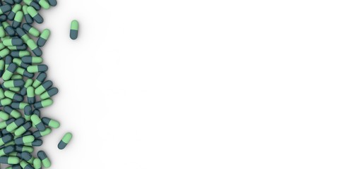 Colorful Medical capsules (Drug pills) isolated on white background - Top view. High resolution 3D illustration.