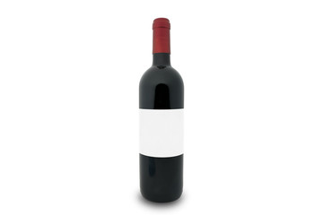 mockup of a bottle of red wine with the white label and white background.