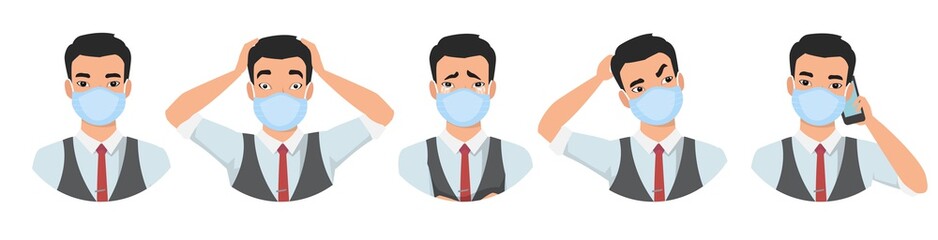 Asian men wearing medical mask to prevent disease, flu, air pollution, contaminated air, world pollution. Set of different emotions.