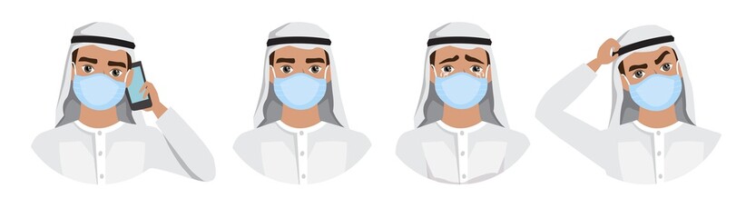 Arab men wearing medical mask to prevent disease, flu, air pollution, contaminated air, world pollution. Set of different emotions.