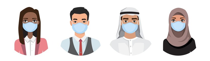Group of people wearing medical masks to prevent disease, flu, air pollution, contaminated air, world pollution.