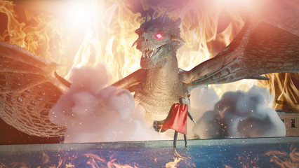 a fantastic dragon  versus man in the city render 3d 