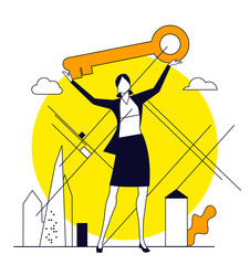 Successful business woman  holding up golden key. Business concept collection
